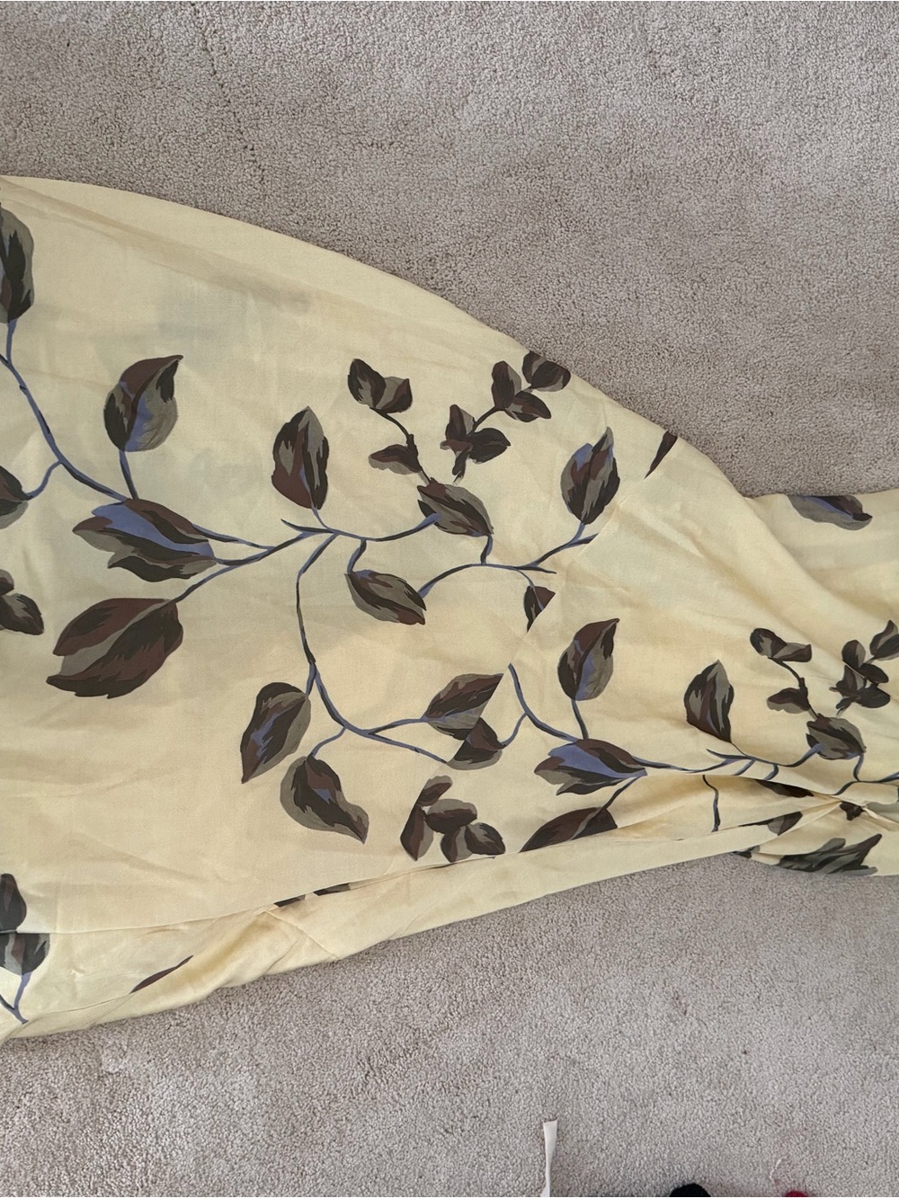 Peppermayo Yellow Maxi Dress with Brown and Blue Leaf Print